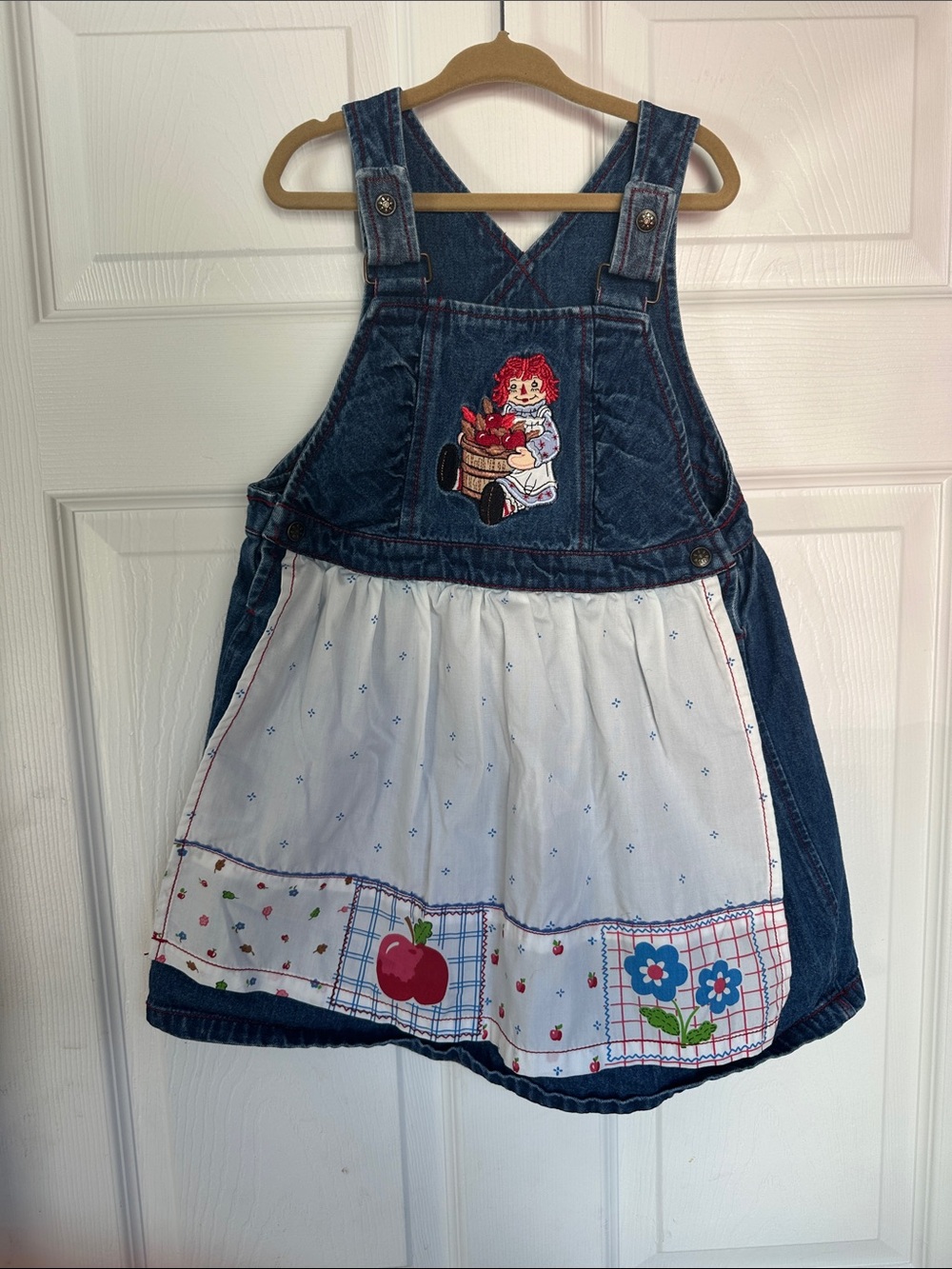 Vintage Raggedy Anne Denim Overall Dress with White Patchwork Apron